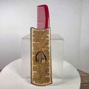 Handcrafted Wooden Hair Comb Case With Red Comb & Native American Design